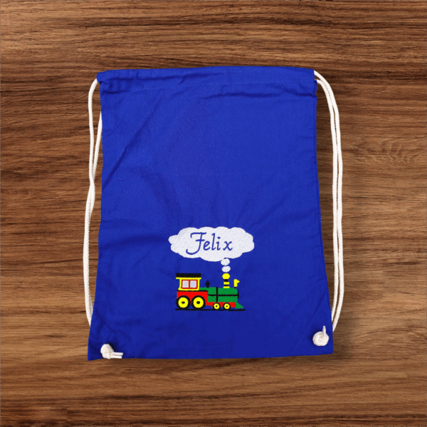 Turnbeutel personalisiert mit Wunschname – bestickt mit Lokomotive – Kinder Turnbeutel Baumwolle, Geschenk Schule & Kindergarten – Bild 3
