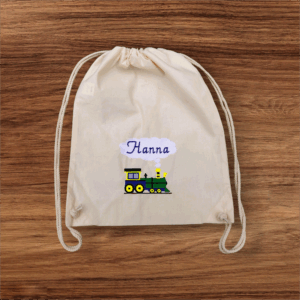 Turnbeutel personalisiert mit Wunschname – bestickt mit Lokomotive – Kinder Turnbeutel Baumwolle, Geschenk Schule & Kindergarten