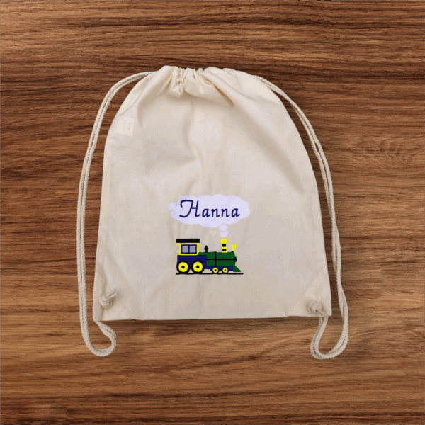 Turnbeutel personalisiert mit Wunschname – bestickt mit Lokomotive – Kinder Turnbeutel Baumwolle, Geschenk Schule & Kindergarten
