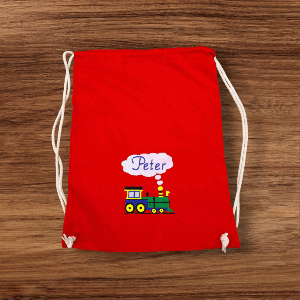Turnbeutel personalisiert mit Wunschname – bestickt mit Lokomotive – Kinder Turnbeutel Baumwolle, Geschenk Schule & Kindergarten – Bild 4