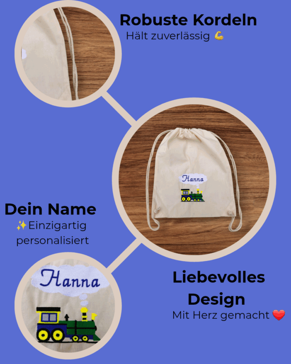 Turnbeutel personalisiert mit Wunschname – bestickt mit Lokomotive – Kinder Turnbeutel Baumwolle, Geschenk Schule & Kindergarten – Bild 6