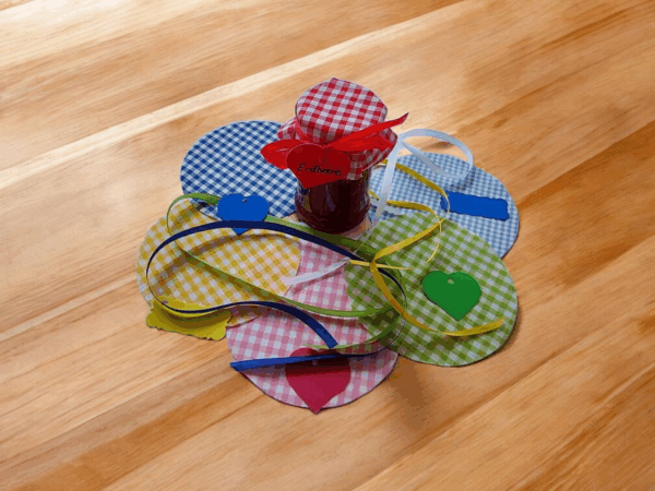 Deckchen für Marmeladengläser verschiedene Farben mit Anhänger und Band Ø12cm oder Ø15cm 20 Stück