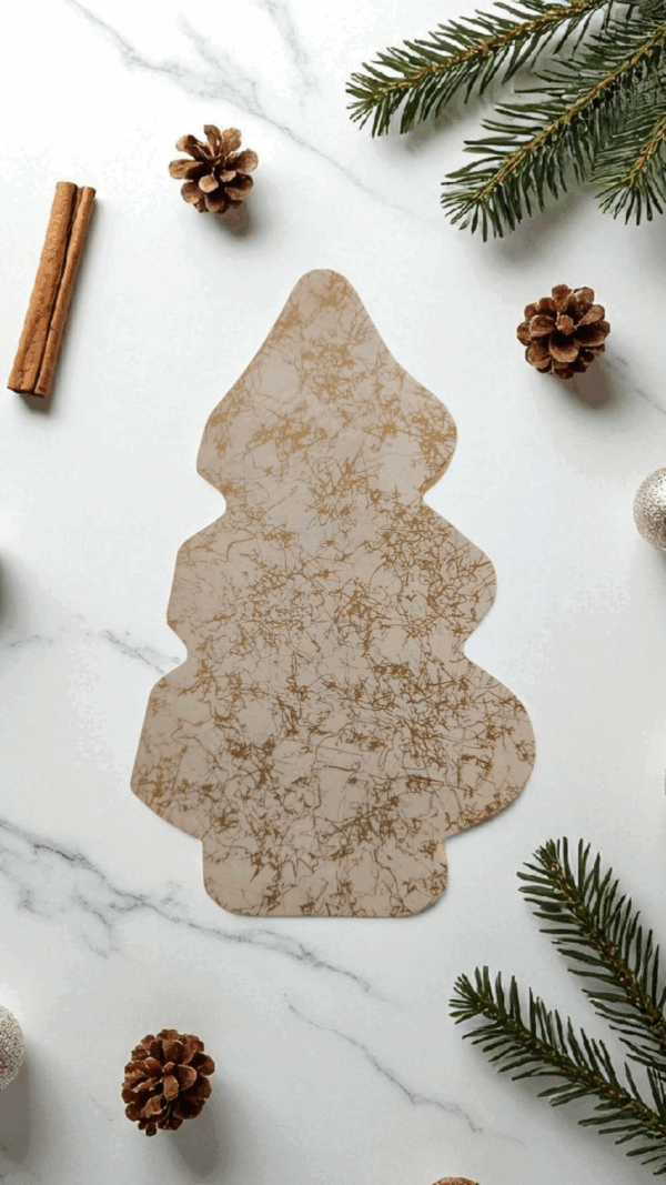 „Edle Bastelkarte Weihnachten – Tannenbaum-Design aus festem Papier mit goldener Struktur, DIY Weihnachtsgrußkarte.“