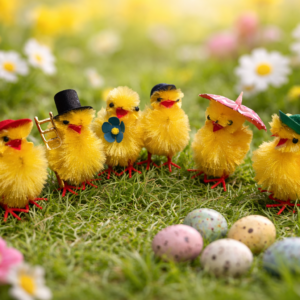 Chenille Küken 50 mm 48 Stück mit bunten Hüten Osterdeko