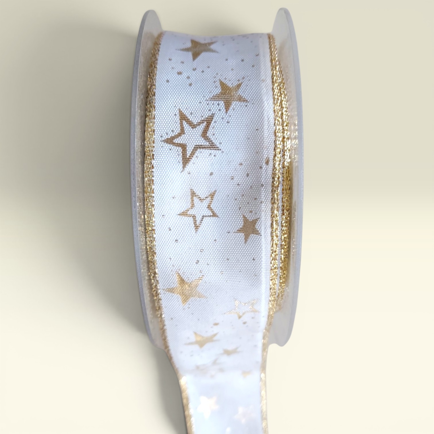 Sternenband Weiß-Gold 40 mm x 25 m mit Drahtkante – Dekoband mit goldenen Sternen für Weihnachten, Geschenke & Flor – Bild 3