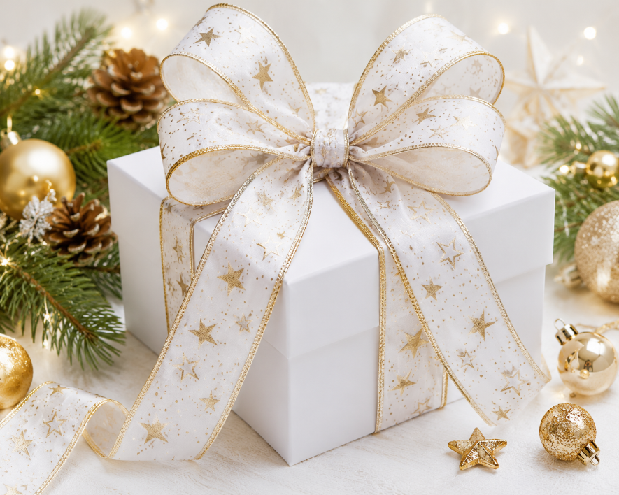 Sternenband Weiß-Gold 40 mm x 25 m mit Drahtkante – Dekoband mit goldenen Sternen für Weihnachten, Geschenke & Flor – Bild 4