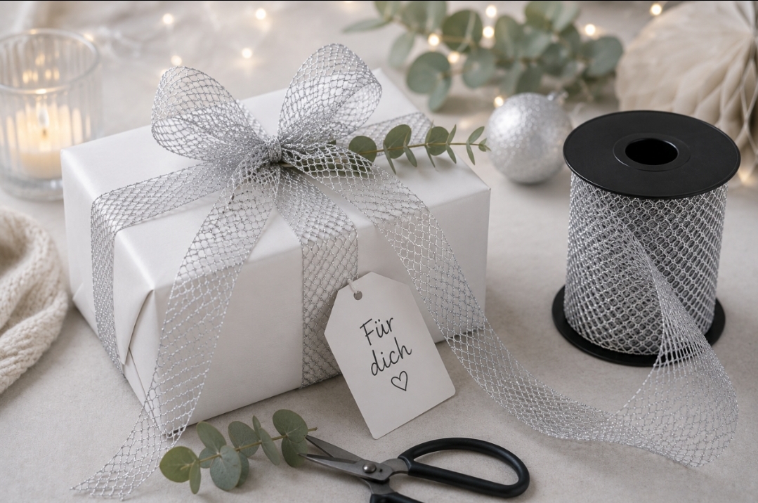 Tüllband Silber 5 cm breit – 20 Meter | Glitzerndes Dekoband für Geschenke, Floristik & Hochzeitsdeko – Bild 2