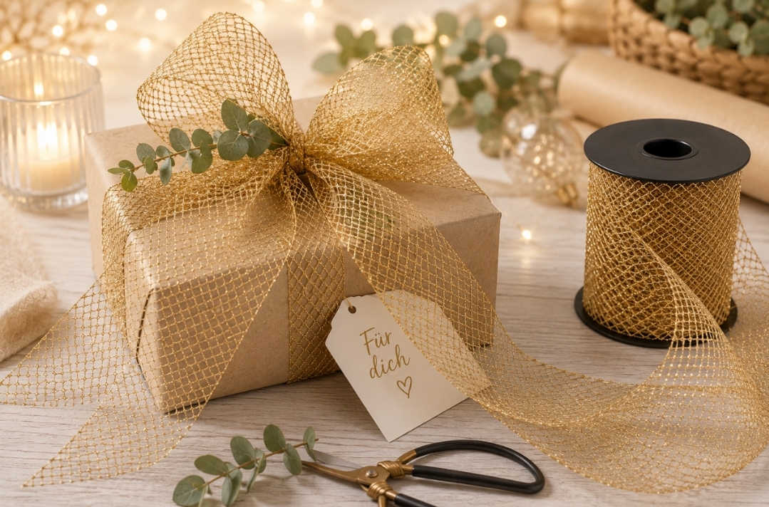 Tüllband Gold 7,5 cm breit – 20 Meter | Glitzerndes Dekoband für Geschenke, Floristik & Hochzeitsdeko – Bild 4