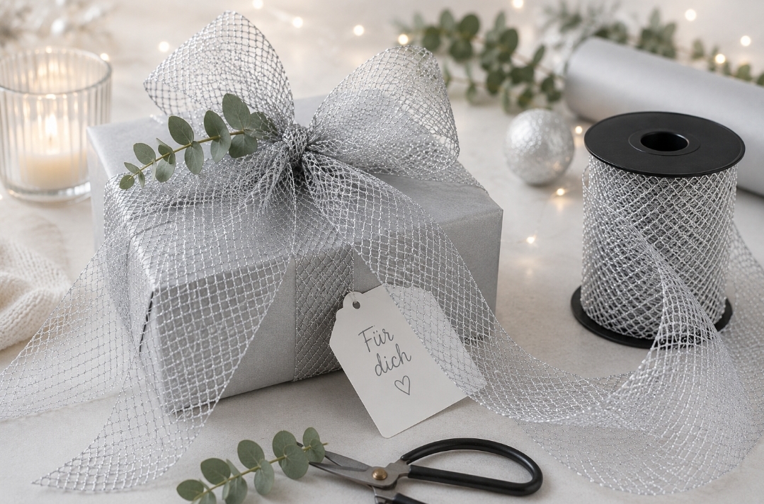 Tüllband Silber 7,5 cm breit – 20 Meter | Glitzerndes Dekoband für Geschenke, Floristik & Hochzeitsdeko – Bild 4